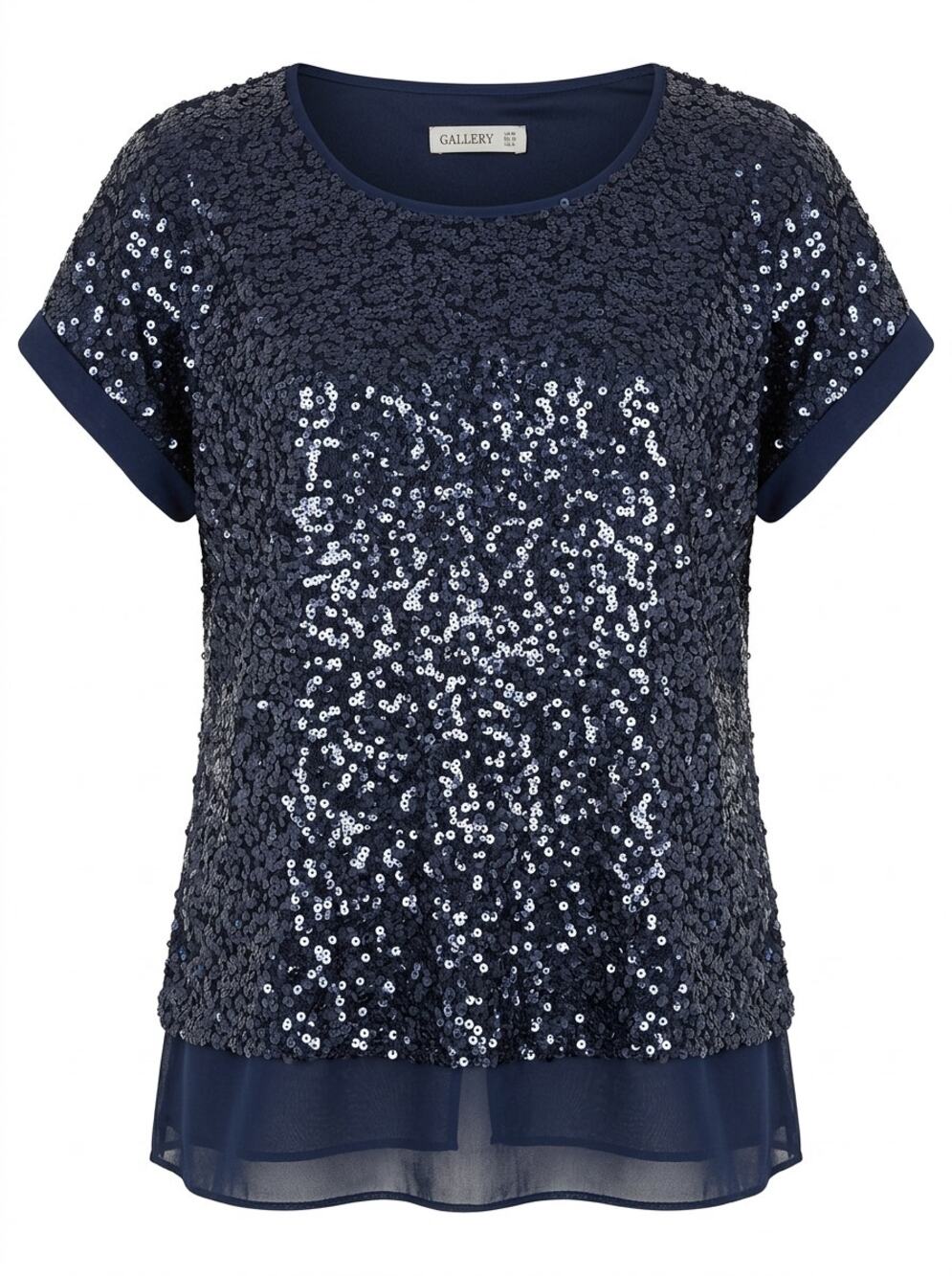 Gallery Navy Blue Sequin Layered Chiffon Hem Blouse Women Size S